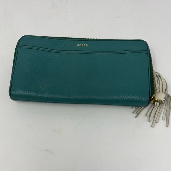 Fossil Wallet Aqua Pebbled Leather Off-white tassel - Picture 1 of 7